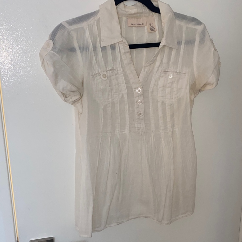 DKNY Sheer Cream Blouse with Button Accents